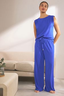 Indigo Blue Linen Blend Vest Pyjamas (Q65001) | OMR14