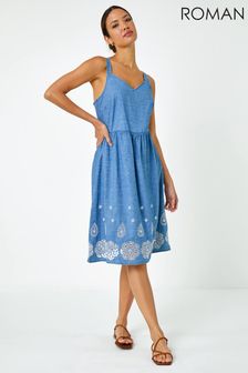 Roman Blue Cotton Denim Look Broderie Dress (Q65412) | €53