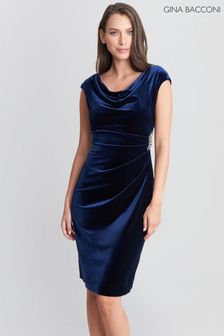 Gina Bacconi Blue Jeanie Velvet Cowl Neck Dress With Embellished Hip (Q65922) | ₪ 1,024