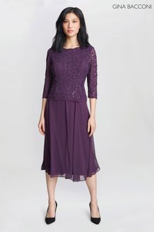 Gina Bacconi Purple Rona Midi Length Dress With Lace Bodice and Chiffon Skirt (Q65924) | 942 zł