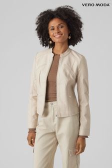 VERO MODA Cream Collarless Faux Leather Biker Jacket (Q65941) | OMR20