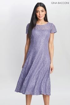 Gina Bacconi Purple Genny Cap Sleeve Midi Length Sequin Lace Dress (Q65969) | €163
