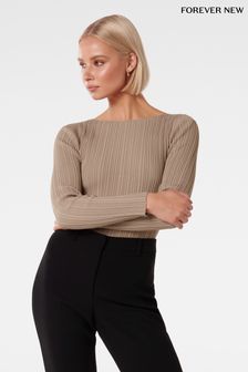 Brown - Forever New Evie Long Sleeve Rib Knit Top (Q66019) | kr920