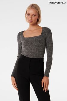 Forever New Grey Chrishell Metallic Square Neck Top (Q66030) | €71