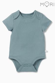 MORI Organic Cotton Blue Ribbed Short Sleeve Envelope Neckline Bodysuit (Q66256) | ₪ 91