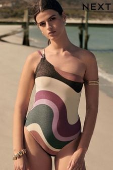 Ecru/Purple Wavey Glitter One Shoulder Tummy Shaping Control Swimsuit (Q66279) | €37