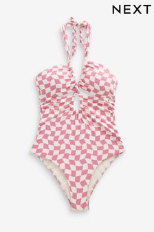 Pink/White Check Twist Neck Shaping Swimsuit (Q66299) | LEI 228