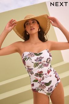 Cream/Pink Floral Tummy Shaping Control Bandeau Swimsuit (Q66301) | ￥5,830