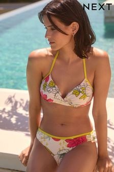 Pink/Lime Green Floral Padded Wired Plunge Bikini Top (Q66305) | 606 UAH