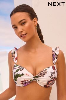 Cream/Pink Floral Frill Shaping Padded Wired Bikini Top (Q66330) | €28