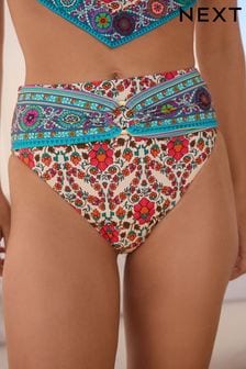 Ecru/Aqua Paisley High Waist High Leg Belted Bikini Bottoms (Q66341) | $32