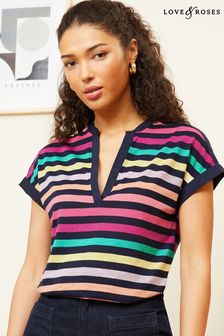 Love & Roses Navy Blue Rainbow Stripe Petite Jersey V Neck Woven Trim Shorts Sleeve T-Shirt (Q66477) | SGD 50