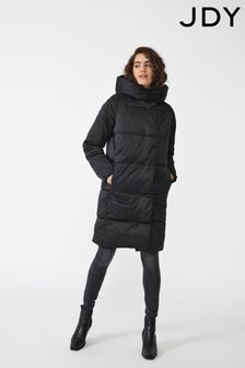 JDY Black High Neck Padded Hooded Longline Coat (Q66655) | OMR39