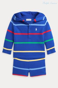 Polo Ralph Lauren Blue Striped Fleece Henley Hoodie Shorts Set (Q66663) | €172