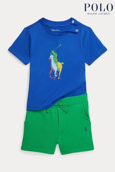 Conjunto de pantalones cortos de felpa y camiseta de algodón en azul marino Big Pony de Polo Ralph Lauren (Q66670) | 140 €