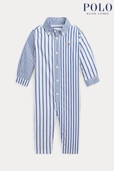 Polo Ralph Lauren Blue Striped Cotton Poplin Fun Rompersuits (Q66671) | $126