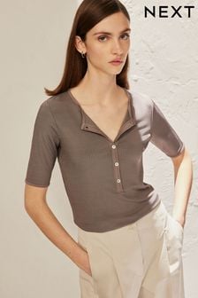 Mink Brown Ribbed Short Sleeve Premium Henley T-Shirt (Q66676) | €38