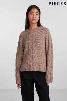 PIECES Brown Chunky Cable Knitted Jumper (Q66679) | $76