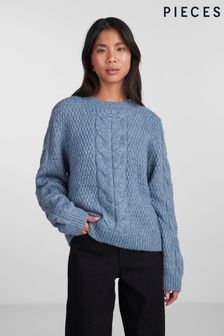 Albastru - Pulover masiv tricotat cu torsade Pieces (Q66688) | 251 LEI