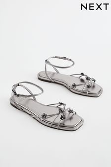 Pewter Metallic Jewelled Flower Strappy Sandals (Q66743) | SGD 61