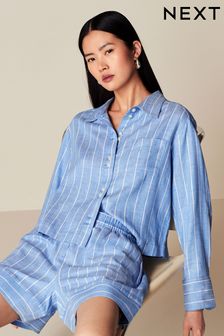Blue Elasticated Waist Linen Stripe Shorts (Q66993) | $48
