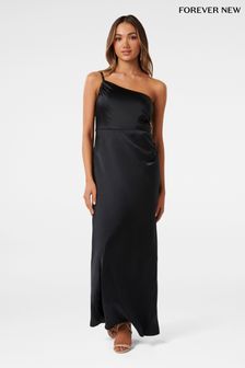 Forever New Black Petite Kelly One Shoulder Satin Maxi Dress (Q67037) | $175
