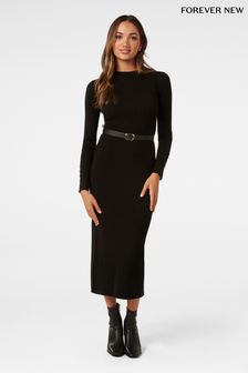 Forever New Black Petite Hannah Belted Midi Knit Dress (Q67042) | kr1,103
