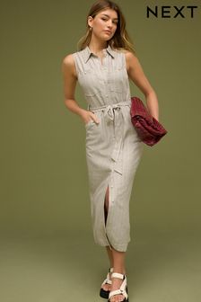 Linen Utility Pocket Sleeveless Midi Dress