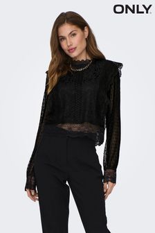 ONLY Black Lace Frill Mesh Blouse (Q67065) | ₪ 176
