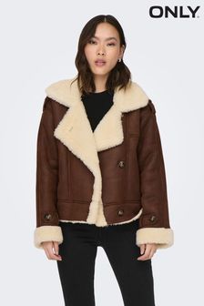 ONLY Brown Faux Suede Aviator Jacket With Teddy Borg Lining (Q67073) | €62