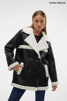 VERO MODA Faux Leather Relaxed Aviator Jacket with Cosy Borg Lining