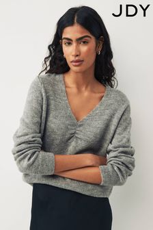 JDY Grey V-Neck Ruched Front Knitted Jumper (Q67302) | €36