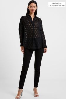 French Connection Black Geo Burnout Popover Shirt (Q67422) | $84