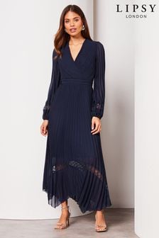 Lipsy Navy Blue Petite Long Sleeve Pleated Lace V Neck Midi Dress (Q67777) | €110