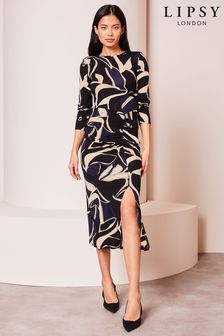 Lipsy Ruched Side Long Sleeve Printed Midi Dress (Q67794) | kr730