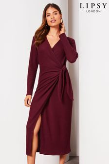 Lipsy Berry Red Long Sleeve Cosy Tie Side Wrap Midi Jumper Dress (Q67809) | €54