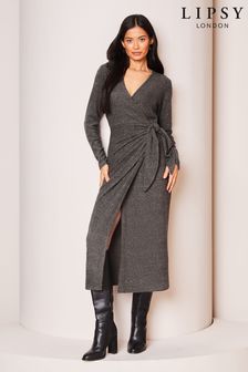 Lipsy Grey Long Sleeve Cosy Tie Side Wrap Midi Jumper Dress (Q67815) | $74