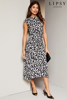 Lipsy Black/White Sleeveless Printed Ruched Midi Dress (Q67819) | AED209