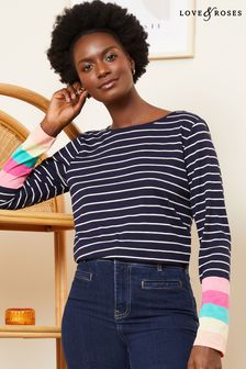 Love & Roses Navy Blue Rainbow Stripe Boat Neck T-Shirt (Q67844) | €38