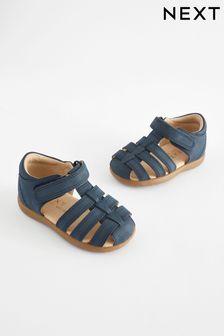 Navy Wide Fit (G) Baby Touch Fastening Leather First Walker Sandals (Q67864) | ₪ 92