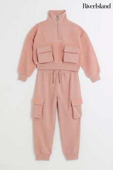 River Island Pink Girls Borg Funnel Neck Sweat Top and Joggers Set (Q67946) | €21.50