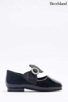River Island Black Girls Patent Satin Bow Diamonte Shoes (Q67981) | €13