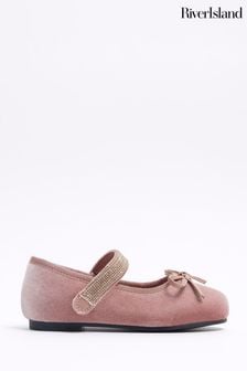 Розовый - Бархатные балетки с ремешками для девочек River Island diamonte (Q68003) | €30