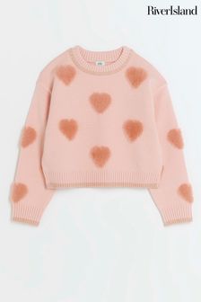 River Island Pink Girls Fluff Heart Jumper (Q68016) | €13