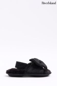 River Island Black Bow Monogram Girls Slippers (Q68024) | OMR8