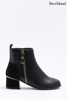 River Island Black Wide Fit Girls Side Zip Mix Heeled Boots (Q68029) | 225 SAR