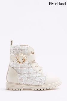 River Island Cream Girls Boucle Pearl Buckle Boots (Q68030) | €19