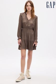Gap Brown Split Neck Tiered Long Sleeve Mini Dress (Q68127) | €93