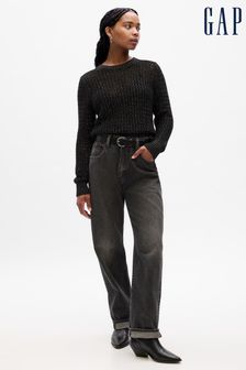 Czarny - Gap sweter z długim rękawem i szydełkowanymi wstawkami z okrągłym dekoltem (Q68148) | 285 zł