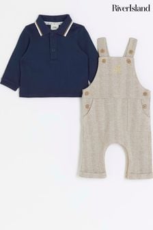 River Island Natural Baby Boys Stone Herringbone Dungarees Set (Q68159) | €14.50